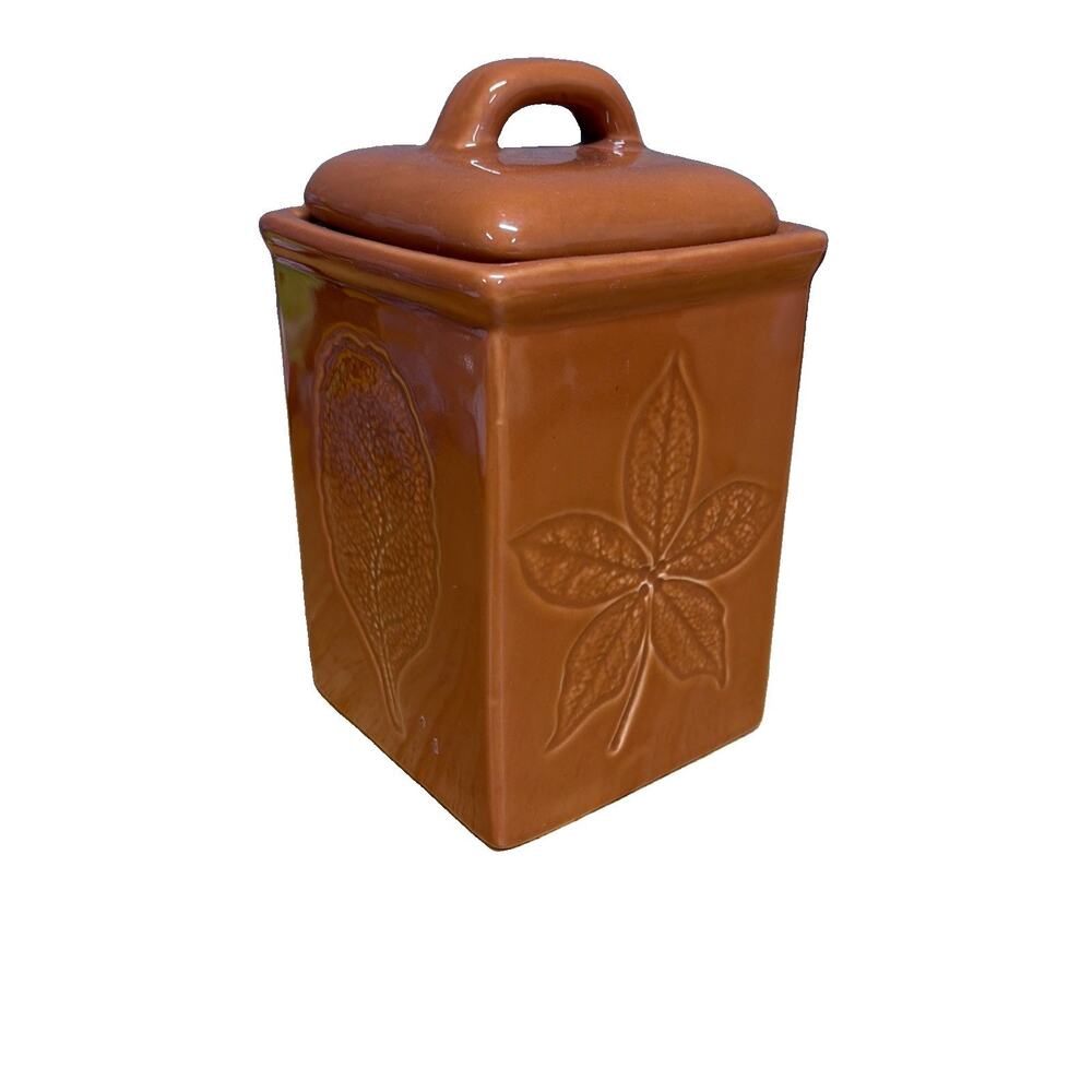 Vintage Lillian Vernon Canister Embossed Leaf Ceramic W/ Lid Burnt Orange 7.5in